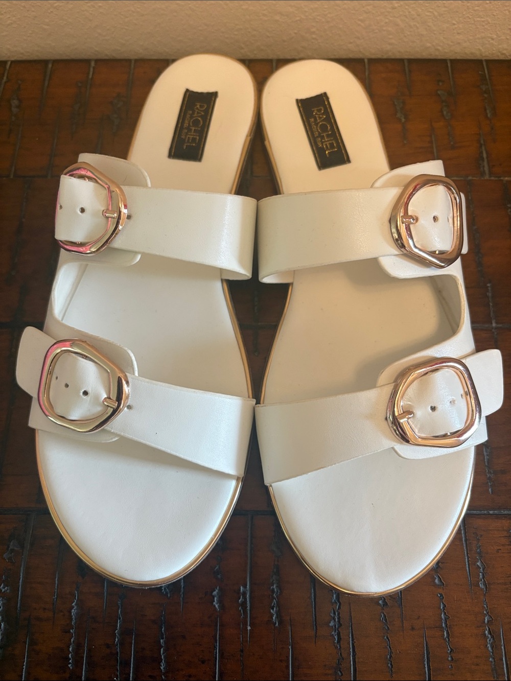RACHEL Rachel Roy White Double-Buckle Slide Sandals with Gold Buckles - Picture 5 of 7